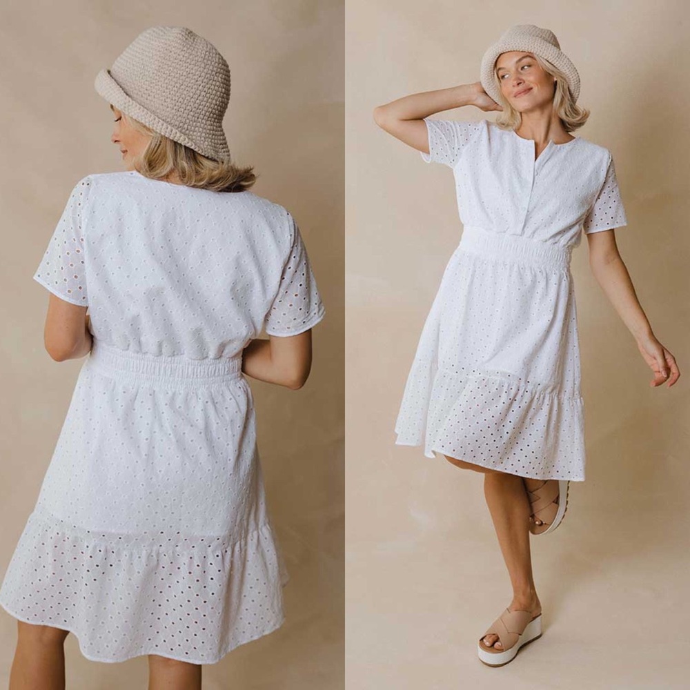 Albion Fit White Tea Party Eyelet Dress, Medium Tall.